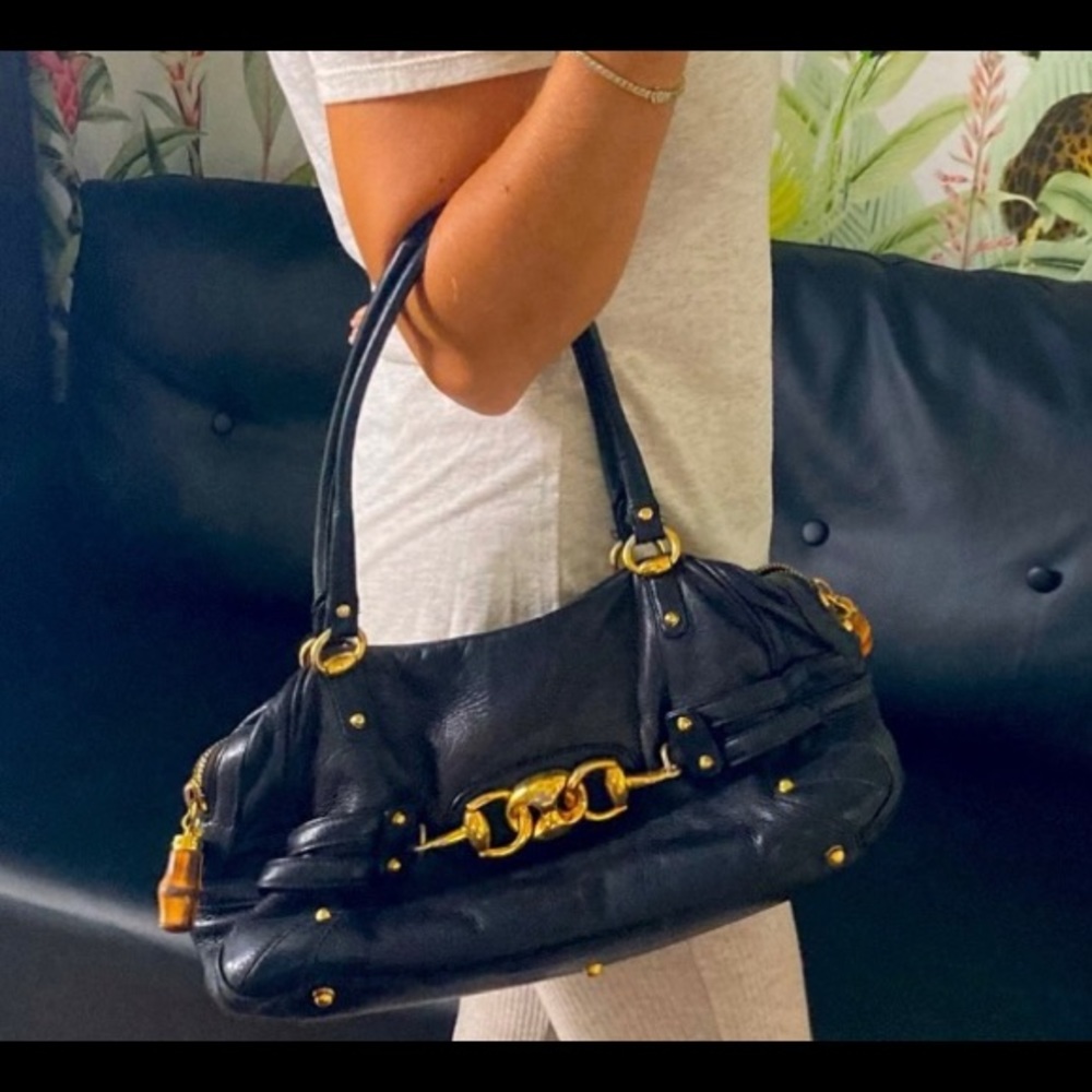 Black Leather Shoulder Bag with Gold Hardware